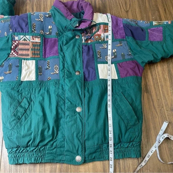 Izzi Vintage 80’s 90’s Western Cowboy Boots Patch Green Purple Jacket Size M - Picture 10 of 16